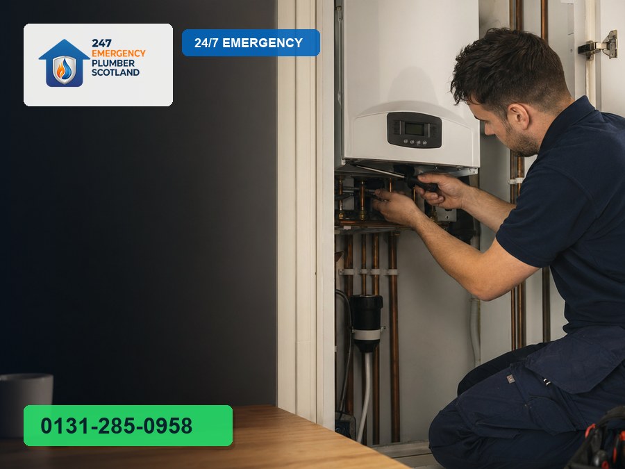 Gas Safe plumber installing a new boiler in an Edinburgh home