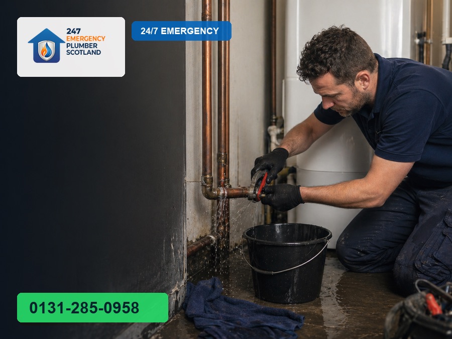 Emergency plumber repairing a burst pipe in an Edinburgh property