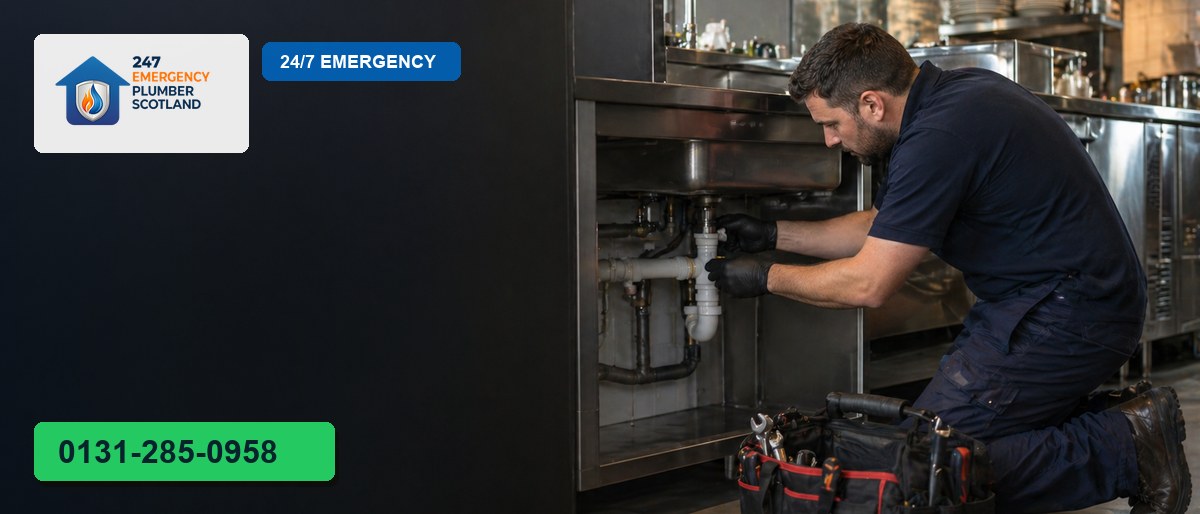 Professional plumber carrying out commercial drain in Edinburgh for 24/7 Emergency Plumbing Scotland