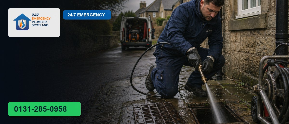 Professional plumber carrying out emergency drain in Edinburgh for 24/7 Emergency Plumbing Scotland