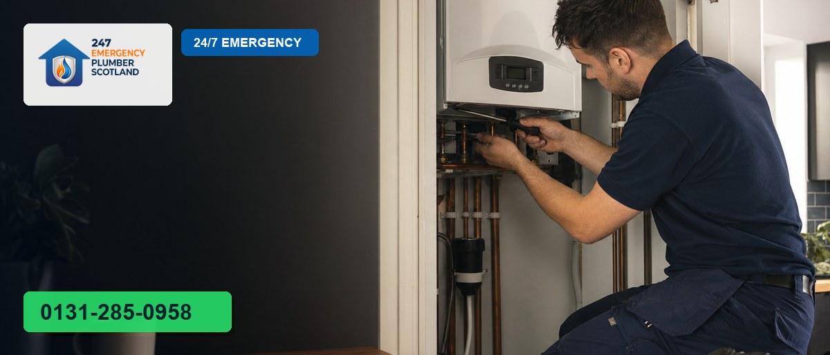 Professional plumber carrying out new boiler in Edinburgh for 24/7 Emergency Plumbing Scotland
