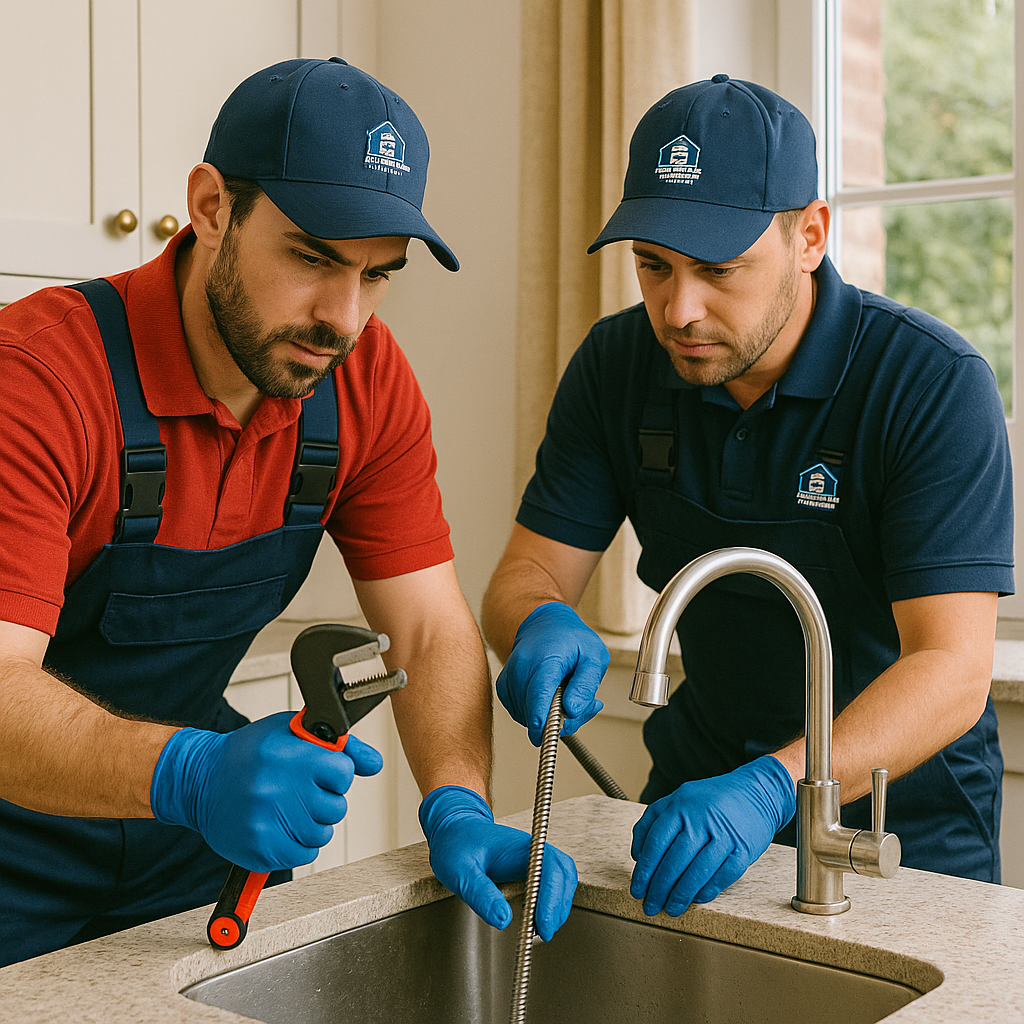 plumbers checking kitchen sink blockage with cctv camera, water pressure jetting