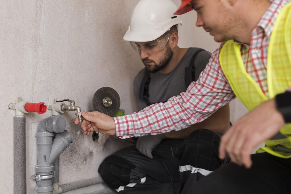 plumbing experts fixing leaking water tap